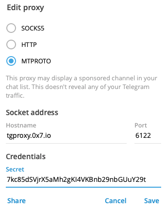Telegram proxy settings screenshot